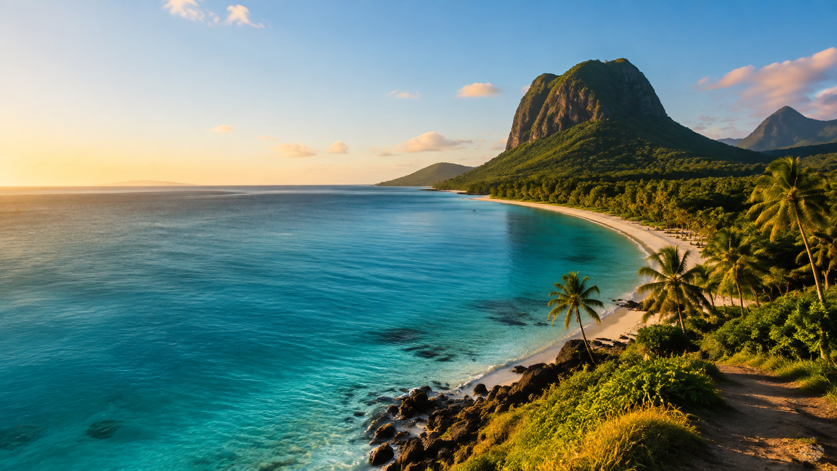 Lagon turquoise et montagnes tropicales au lever du soleil